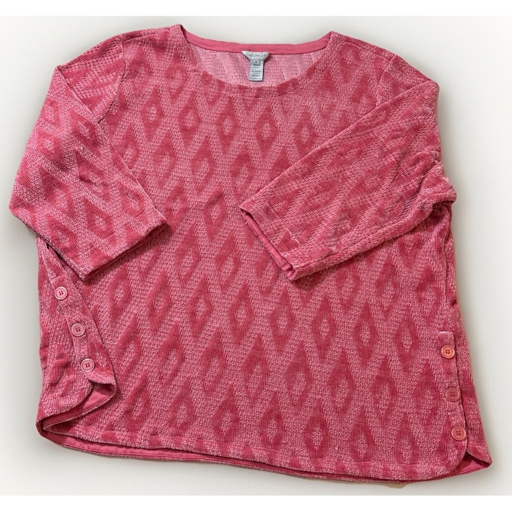 Multiples Women 3X Pink Raised Diamond Plush 3/4 Sleeve Button Side Sweater Boho